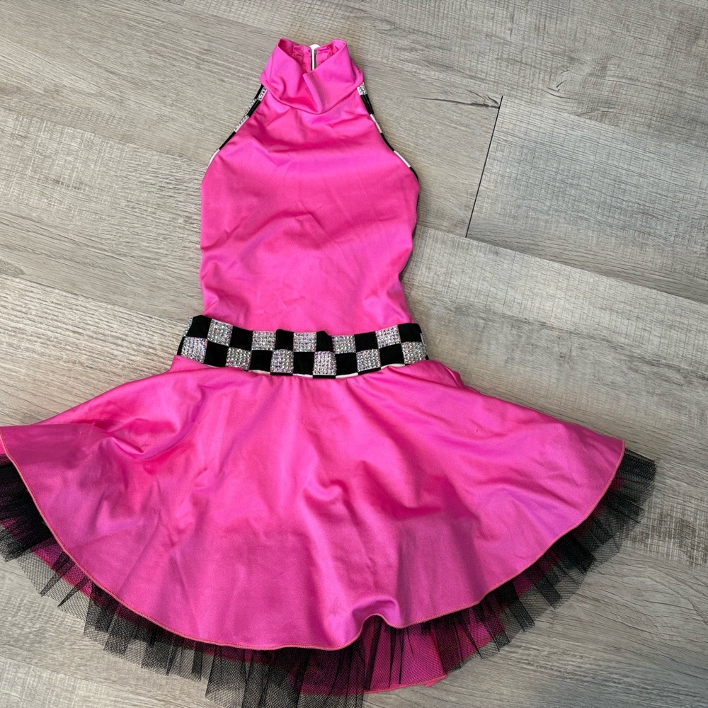 Vibrant Pink Kids Dance Costume with Checkered Belt
